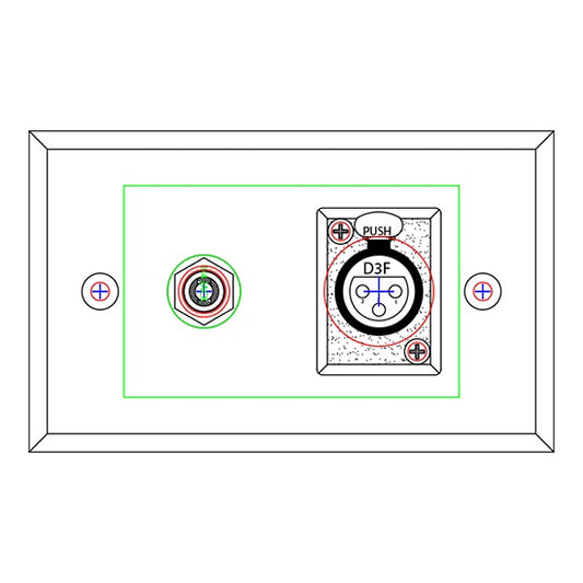 ProCo Sound single gang stainless steel wall plate line drawing with S-Craft D3F XLR and #11 connectors