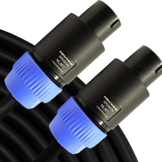 RapcoHorizon SP8 speaker cable close-up on both Neutrik Speakon NL8FC connectors with coiled black cable