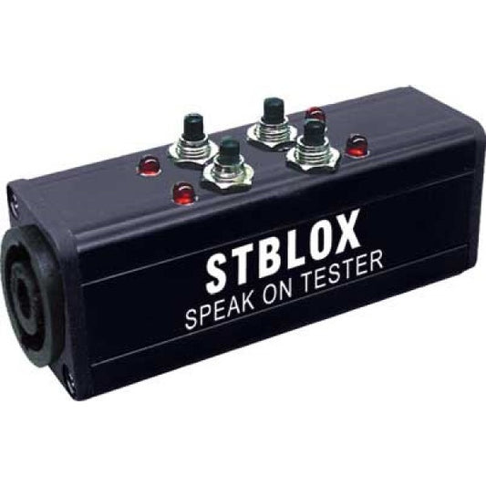 RapcoHorizon STBLOX Speak-On cable tester angled view showing push buttons, LED indicators, and connector