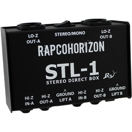 RapcoHorizon STL-1 stereo passive direct box at an angle showing labeled top panel and side jacks