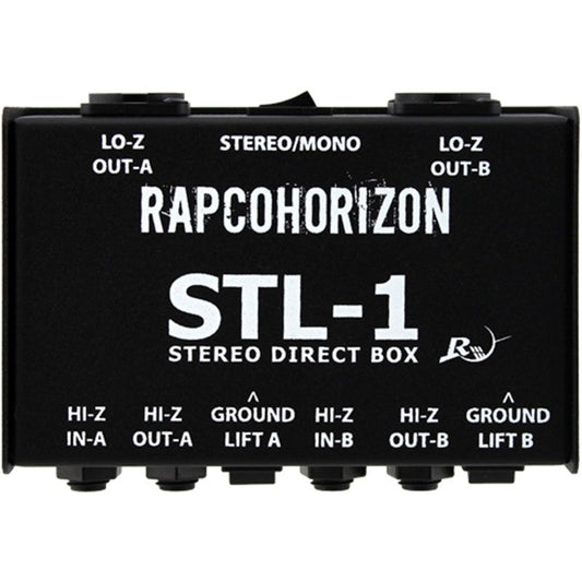 RapcoHorizon STL-1 top panel labeling for Hi-Z in and out, ground lift, and stereo/mono switch