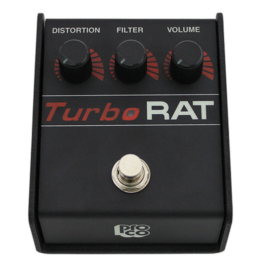 ProCo Sound TRAT Turbo RAT distortion pedal top view with Distortion, Filter, and Volume knobs and footswitch