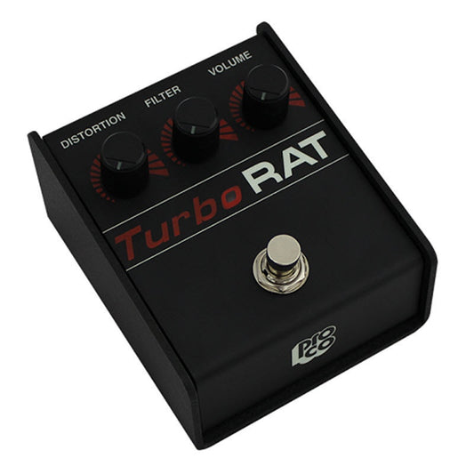 ProCo Sound Turbo RAT analog distortion pedal at an angle showing black enclosure and Pro Co logo