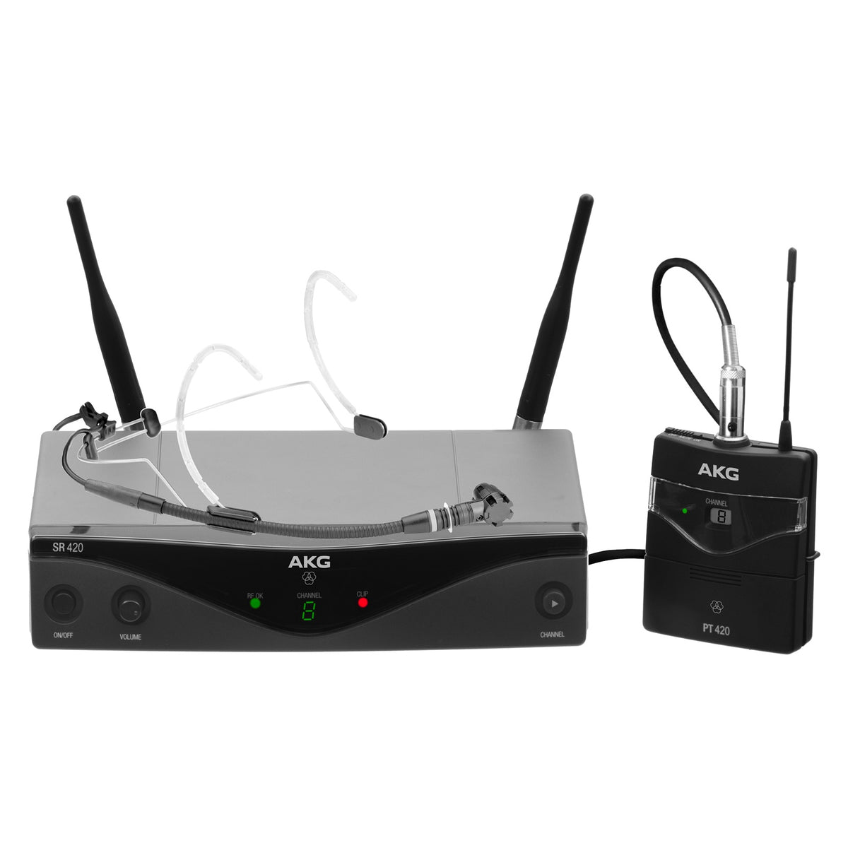 WMS420 Headworn Set front view with SR420 receiver, PT420 bodypack and C555L headworn microphone, AKG