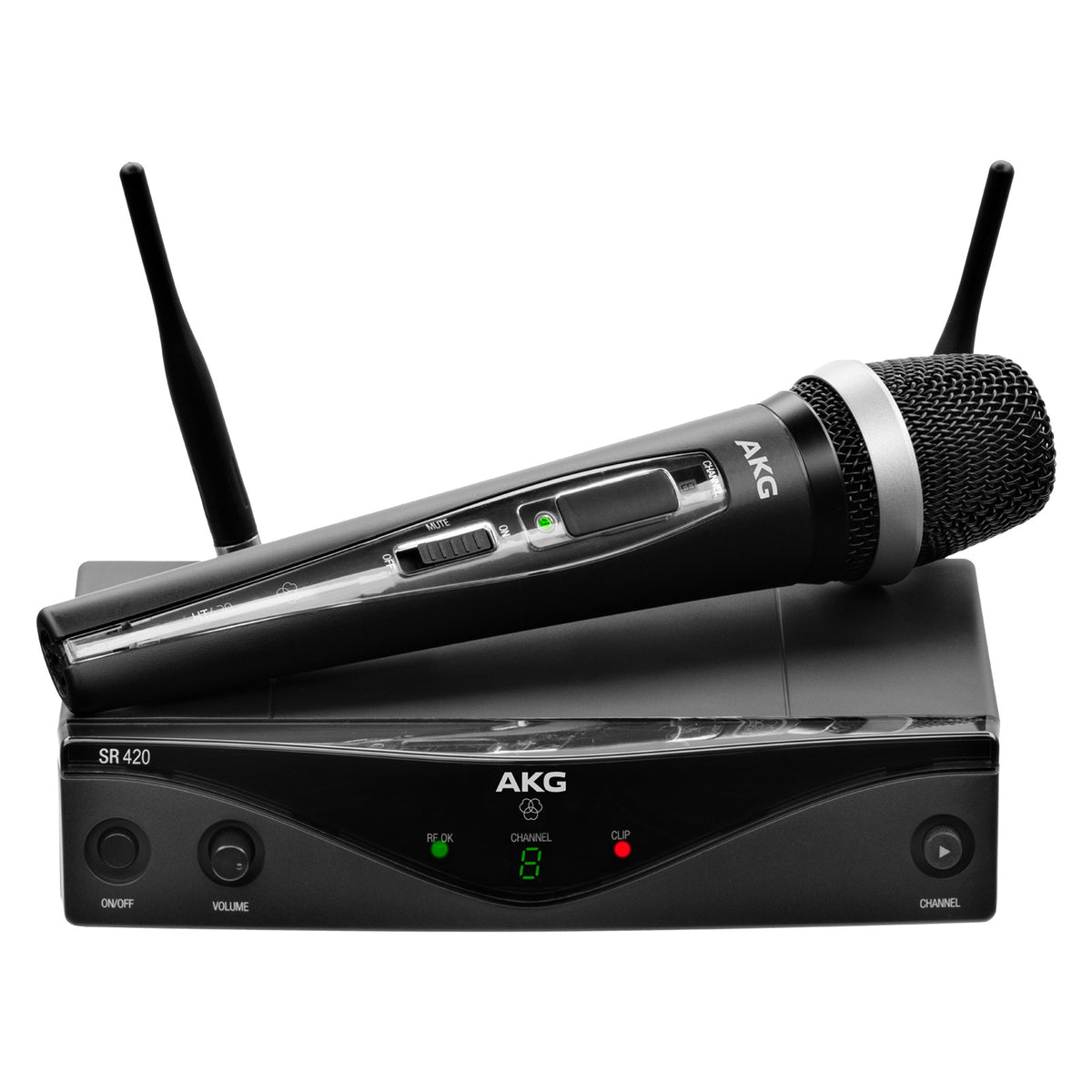 WMS420 Vocal Set wireless system with HT420 handheld transmitter resting on SR420 receiver, front panel showing RF OK and CLIP LEDs, channel display, ON/OFF and volume knobs, AKG