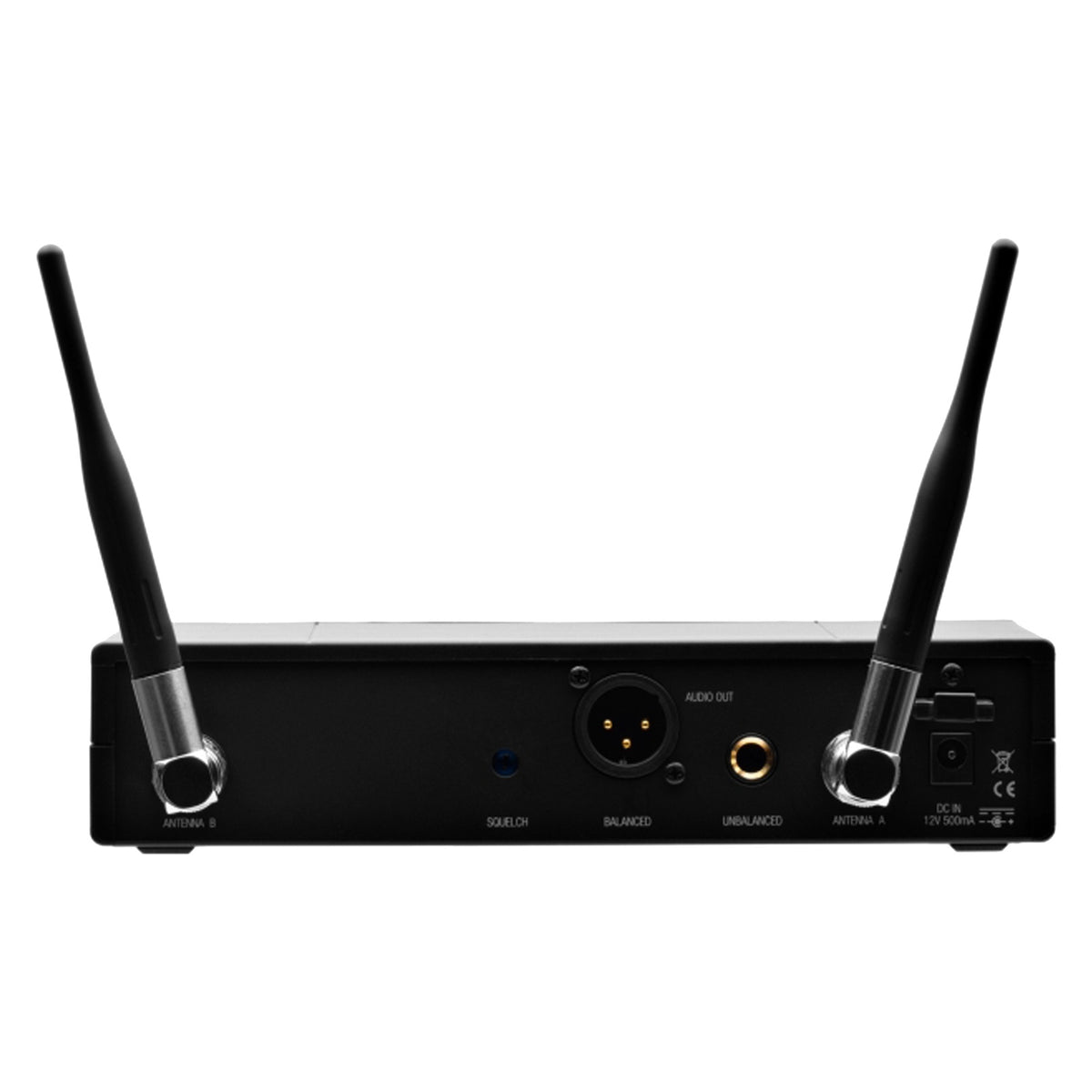 SR420 receiver rear panel with Antenna A and B connectors, squelch control, balanced XLR and unbalanced 1/4-inch audio outputs and 12V DC input, AKG