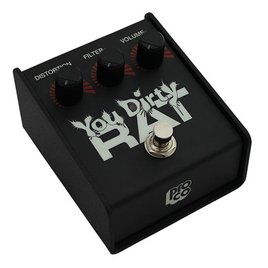 ProCo Sound YDRAT You Dirty RAT distortion pedal at an angle showing knobs and metal footswitch