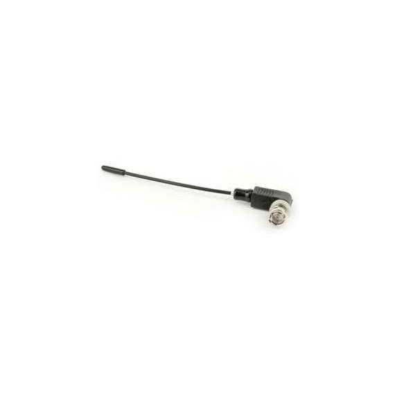 A500RAxx right angle BNC antenna angled side view showing flexible black whip with rounded tip and metal BNC connector, Lectrosonics