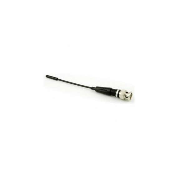 A500S flexible UHF antenna angled side view showing black whip with BNC connector, Lectrosonics