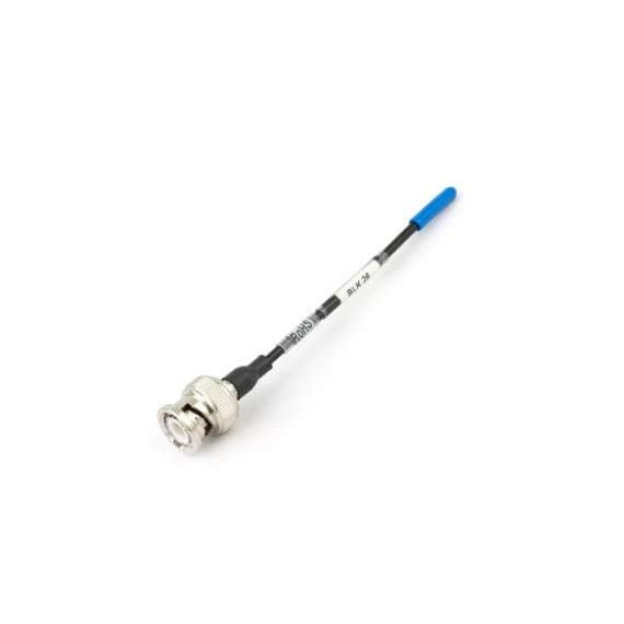 A8UKIT UHF straight whip antenna angled view with nickel BNC connector, black flexible cable, white label and blue tip cap, Lectrosonics