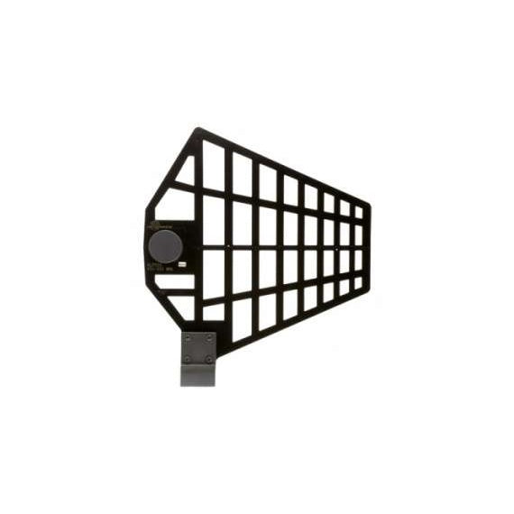 ALP620 shark fin LPDA antenna angled side view showing black gridded panel, round connector housing and mounting bracket, Lectrosonics
