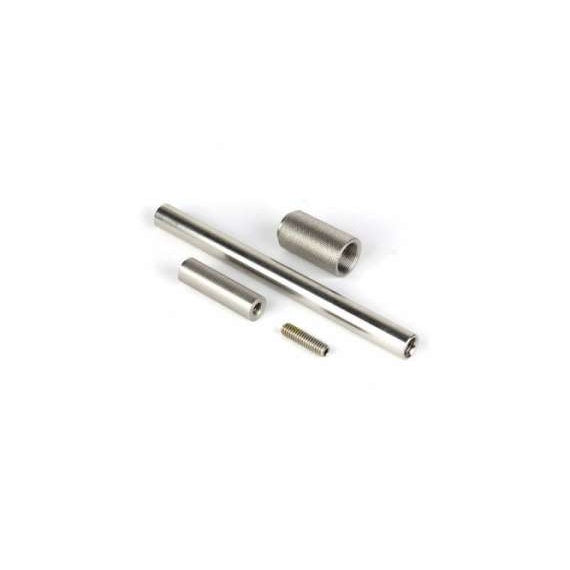 ALPKIT antenna mounting kit components laid out on white, showing long metal tube, short threaded spacer, knurled coupling nut and set screw, Lectrosonics