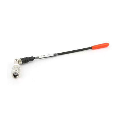 AMJ swiveling SMA antenna full view with right-angle SMA connector, black cable and orange tip, Lectrosonics