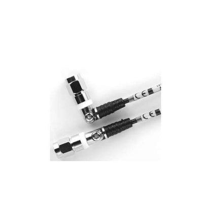 AMJ swiveling SMA antenna close-up of two antennas showing the swivel joint at different angles with nickel SMA connectors and CE-marked cable labels, Lectrosonics