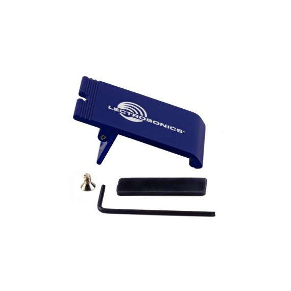 BCSLBL spring loaded belt clip in blue with Lectrosonics logo, shown with mounting screw, black rubber pad and hex key, Lectrosonics