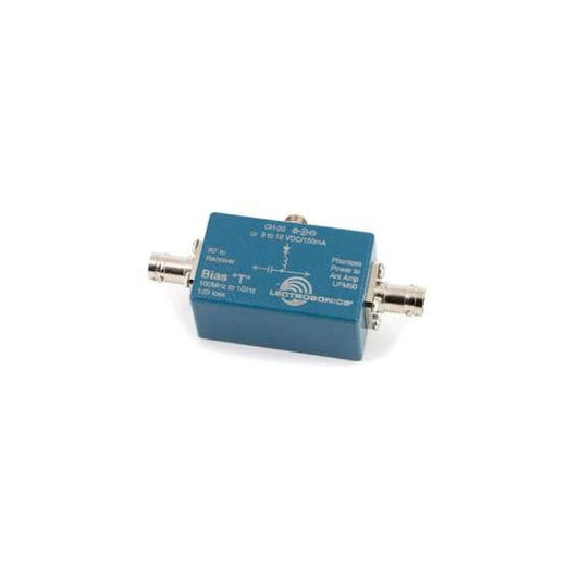 BIAST DC power inserter angled top view of blue metal enclosure with BNC connectors at each end and Bias T label, Lectrosonics