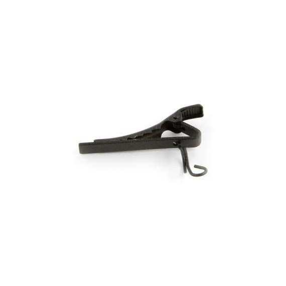 M119/M140 tie bar lavaliere mic clip right angle side view with black finish, ribbed thumb lever and wire loop hook, Lectrosonics