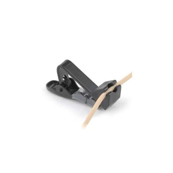 C172 cable clip angled view with beige microphone cable held in the jaw and visible spring hinge, Lectrosonics