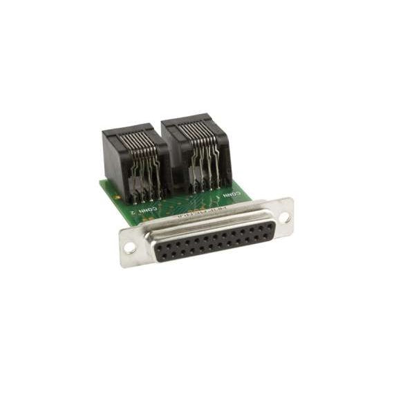 Dual CAT5 to DB25 adapter for RCWPB8 ASPEN system, angled front view showing DB25 female connector with mounting flange and two RJ45 jacks on green circuit board labeled CONN 1 and CONN 2, Lectrosonics