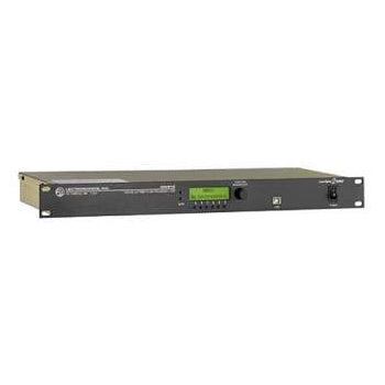 DM812 digital matrix audio processor angled front view showing green LCD display, rotary encoder, USB port and power switch on 1U rackmount chassis, Lectrosonics