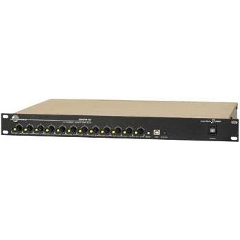 DMPA12 front view of 1U rackmount 12-channel DSP power amplifier with a row of connectors across the front panel, USB port and power switch at right, Lectrosonics