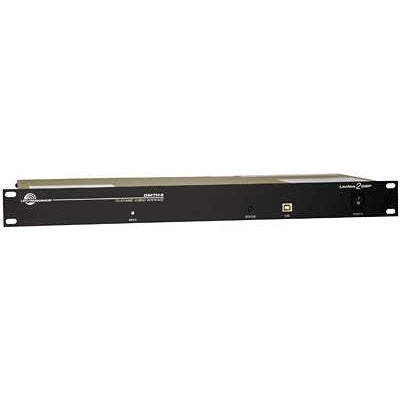 DMTH4 digital telephone hybrid matrix processor front view of 1U rackmount black panel with status and USB indicators, power switch and LecNet2 DSP label, Lectrosonics