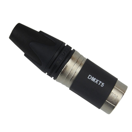 RapcoHorizon DMXT5 DMX terminator with black barrel, nickel shell and female XLR end, angled view
