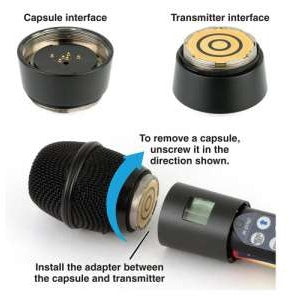 HH2SEN adapter installation diagram showing capsule interface and transmitter interface with arrow to unscrew a Sennheiser-style capsule from the handheld transmitter, Lectrosonics