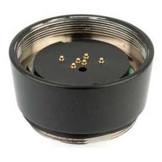 HH2SEN capsule interface side showing threaded rim and gold spring contact pins on black adapter body, Lectrosonics