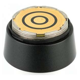 HH2SEN transmitter interface side showing gold concentric ring contact plate with threaded metal collar on black adapter base, Lectrosonics