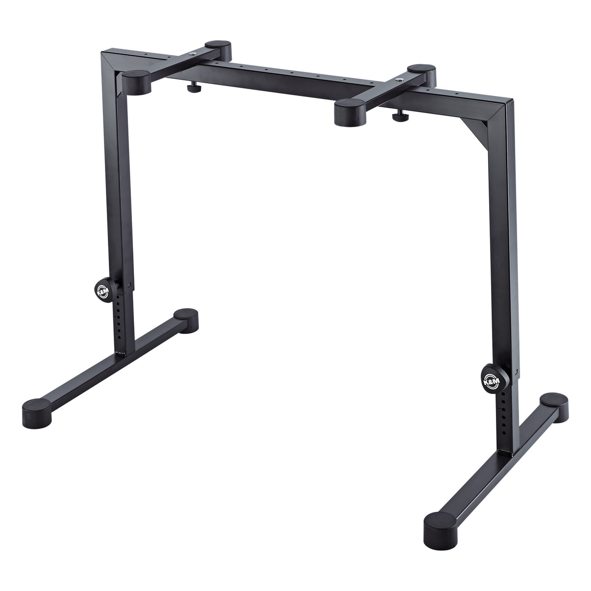 18810 Omega table-style keyboard stand front three-quarter view in black steel with adjustable legs and K&M clamping knobs, K&M