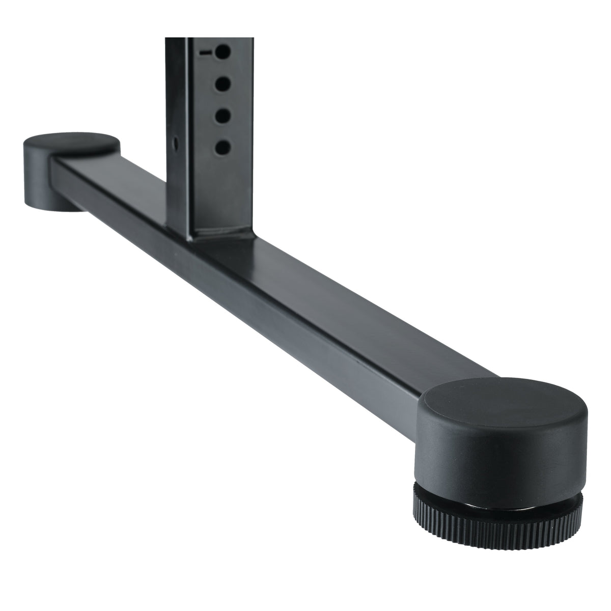 18810 Omega keyboard stand foot detail showing round rubber end cap, threaded levelling pad and leg height adjustment holes, K&M