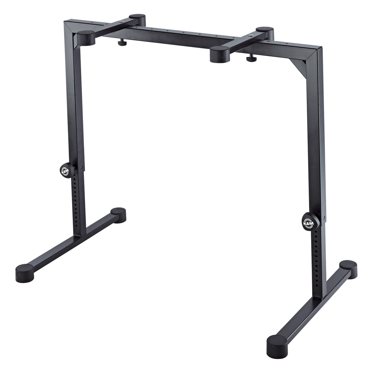 18810 Omega keyboard stand at raised height setting showing extended legs, perforated height-adjustment tubes and top support arms, K&M