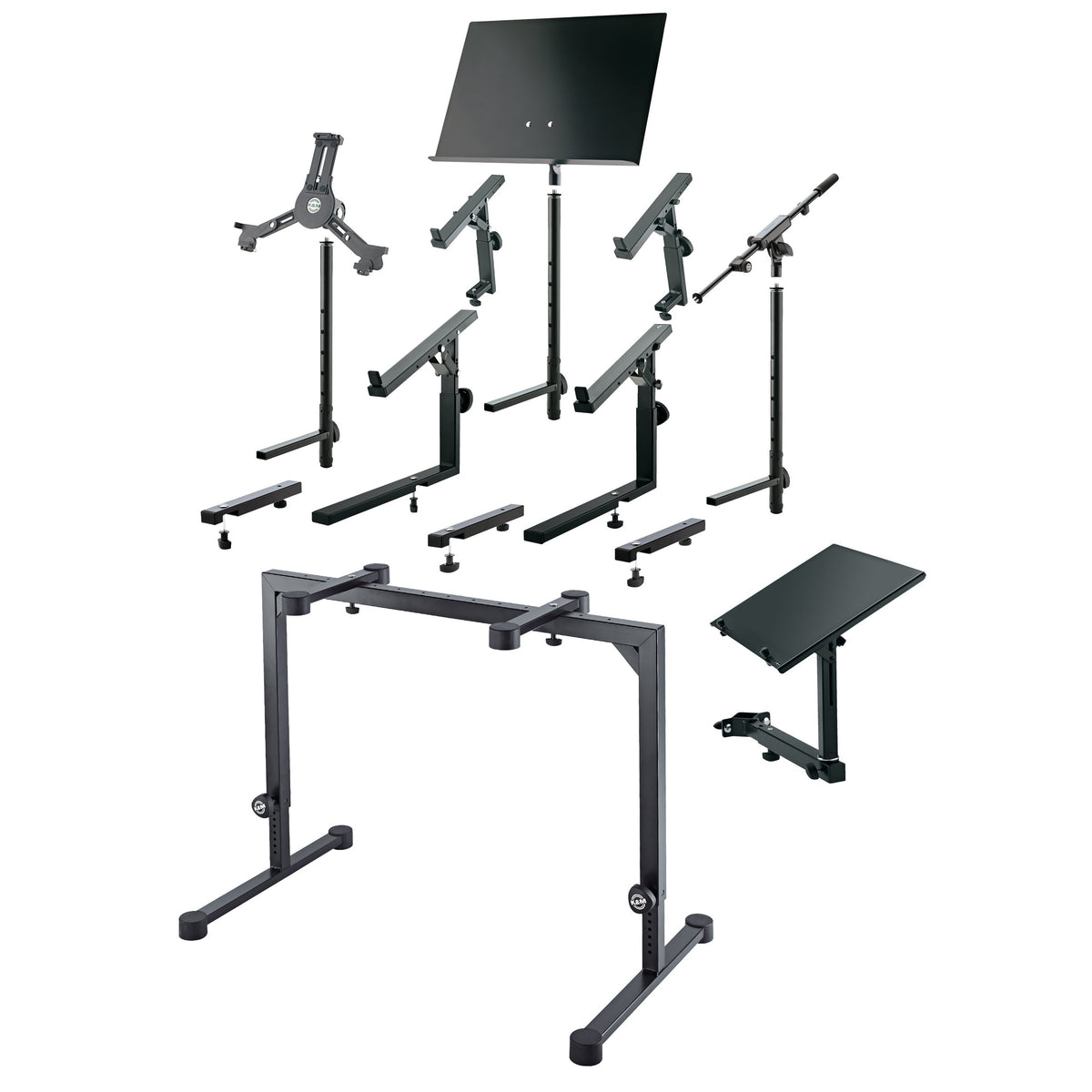 18810 Omega table stand with compatible K&M accessories including tablet holder, music desk, keyboard tier arms and microphone boom arm, K&M