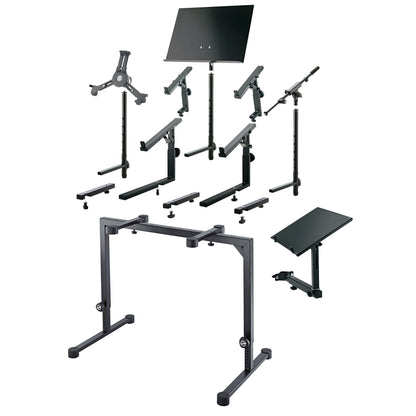18810 Omega table stand with compatible K&M accessories including tablet holder, music desk, keyboard tier arms and microphone boom arm, K&M