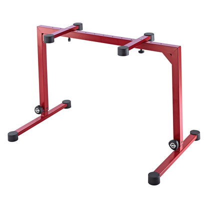 18810 Omega keyboard stand at lowest height setting showing shortened legs, K&M clamping knobs and black rubber feet in ruby red, K&M