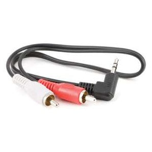UCR100 3.5 mm TRS to dual RCA output cable, coiled overview showing right-angle 3.5 mm plug and white and red RCA connectors, Lectrosonics