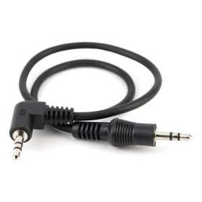 UCR100 3.5 mm TRS output cable full view, coiled black cable with one right-angle and one straight 3.5 mm TRS plug, Lectrosonics