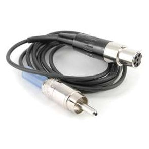 TA5F adapter cord coiled with 5-pin female TA5F connector and RCA plug with blue strain relief, line level 37 inch cable for beltpack transmitters, Lectrosonics