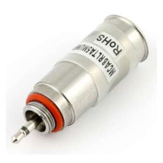 MCABRLTA5MUWP barrel adapter angled view showing locking mini plug end with orange O-ring seal and RoHS label, Lectrosonics