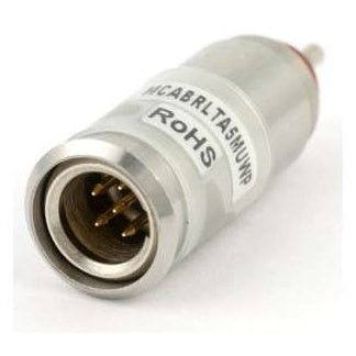 MCABRLTA5MUWP barrel adapter end-on view showing TA5 connector with gold pins inside the metal shell and RoHS part label, Lectrosonics