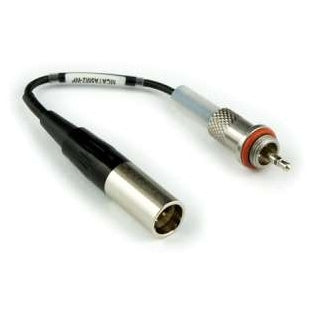 Mic cable adapter with TA5F mini XLR connector on one end and a locking 3.5mm plug with knurled threaded collar and orange o-ring on the other, short black cable between, Lectrosonics