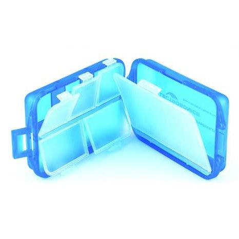 MICBOX lav microphone storage box open view showing translucent blue case with clear divided compartments and hinged lids, Lectrosonics