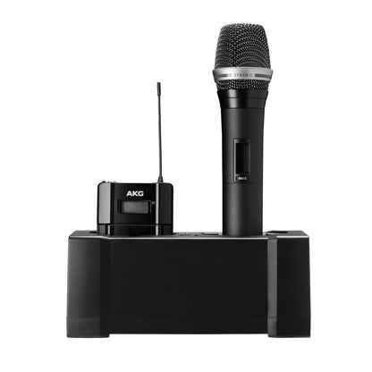 CU800 charging unit in use with handheld transmitter and bodypack docked in both bays, AKG