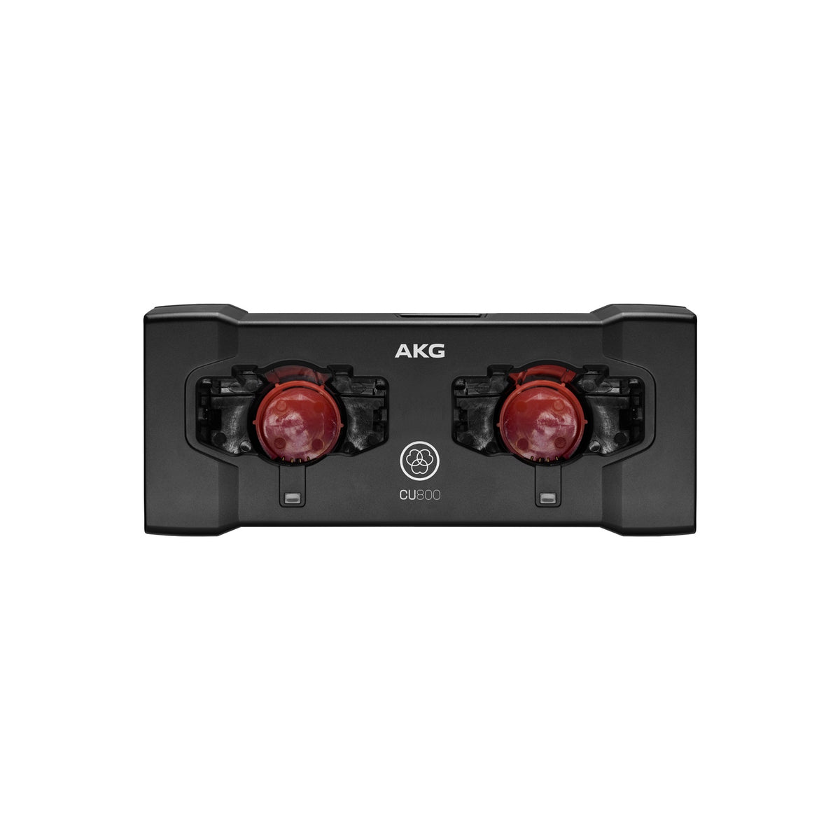 CU800 top view with red bodypack adapters installed in both charging bays, AKG