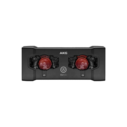 CU800 top view with red bodypack adapters installed in both charging bays, AKG