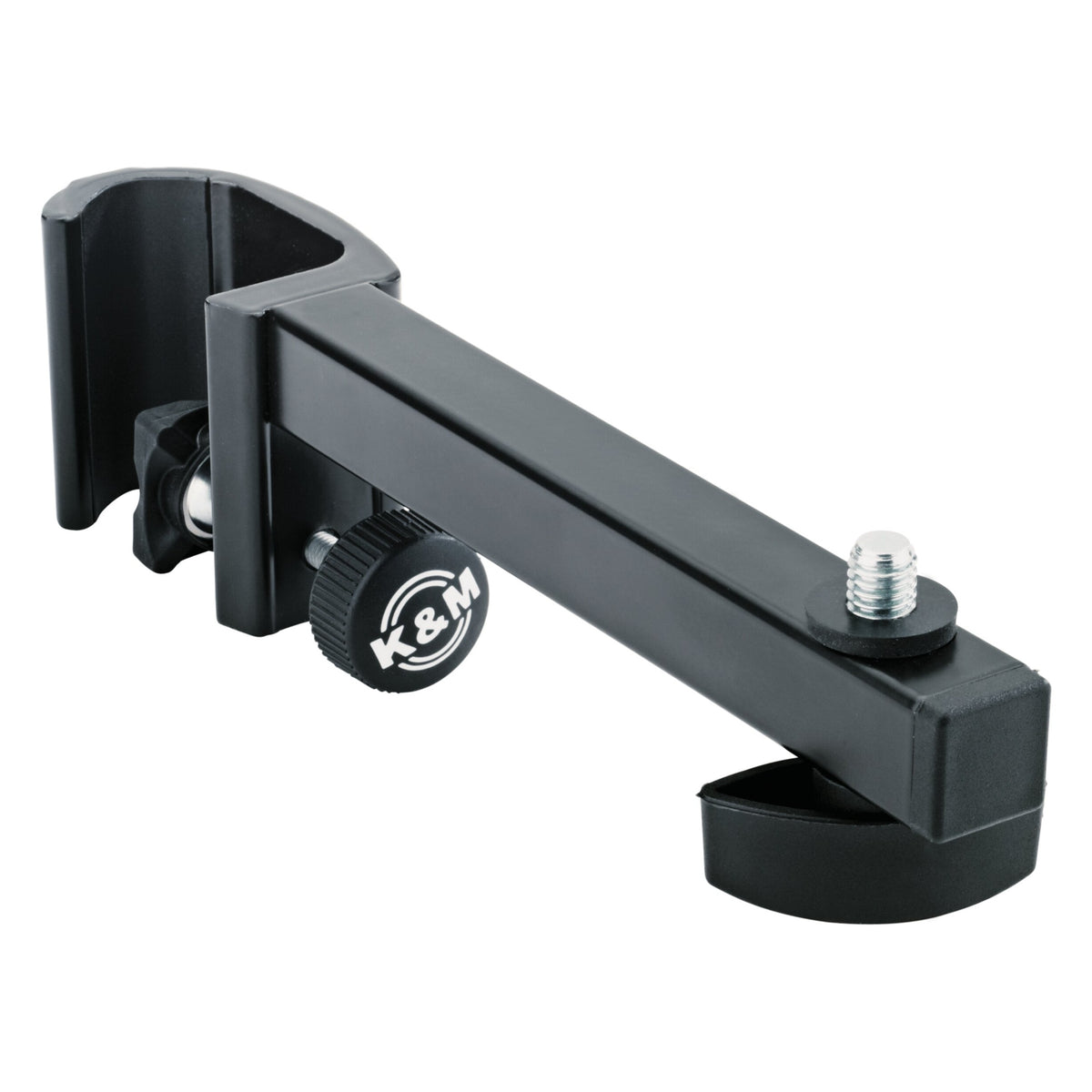19715 universal clamping holder angled front view showing C-shaped tube clamp, K&M-branded black clamping knob and threaded stud on square arm, K&M