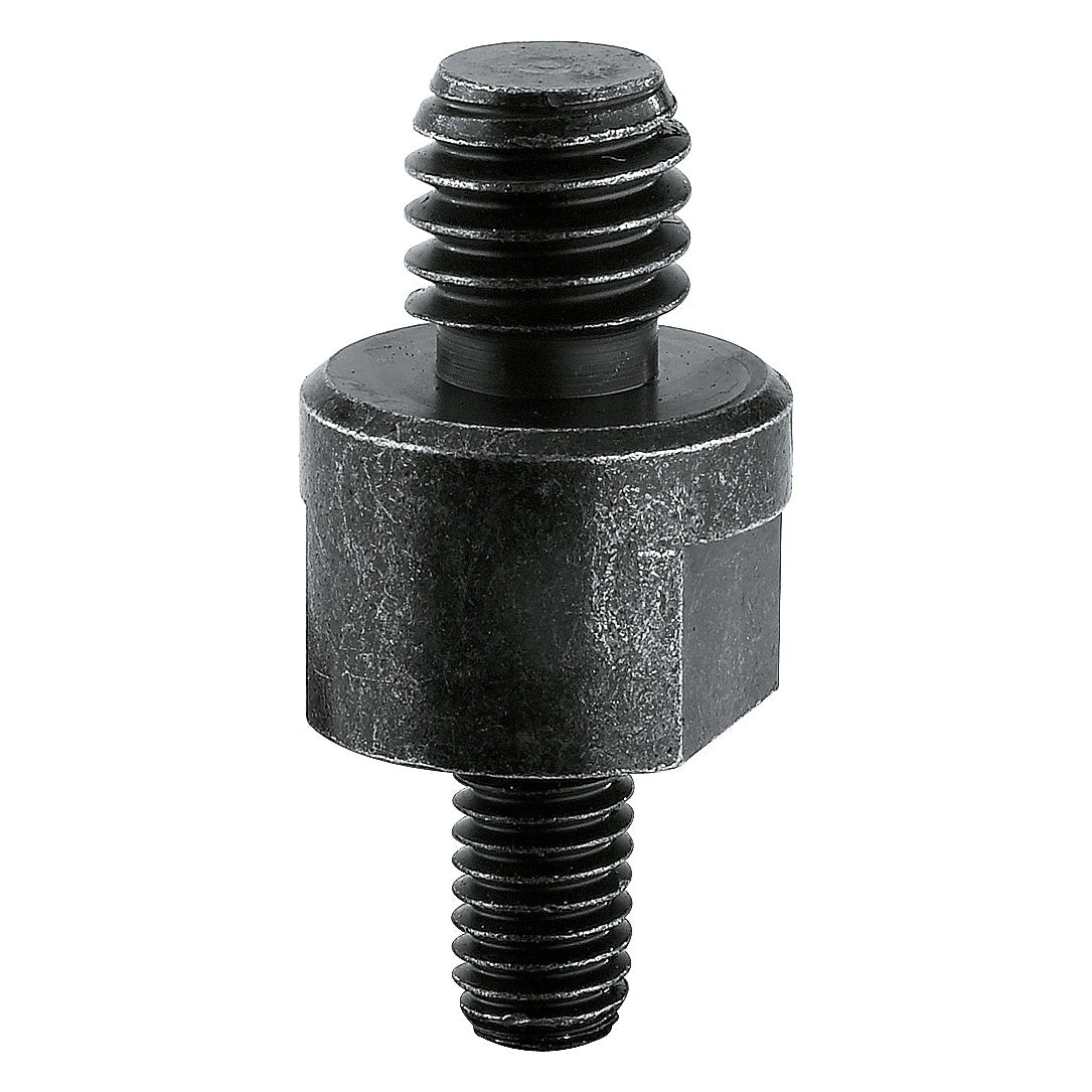 KM 23721.500.25 microphone stand thread adapter, upright product view showing dual male threads and hex center flange in black finish, K&M