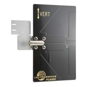 PCA900 passive omni dipole antenna angled front view showing black panel with VERT orientation marking, metal mounting bracket and connector barrel, Lectrosonics
