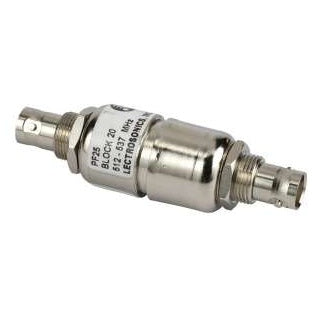 PF25-XX passive in-line RF filter module angled side view showing nickel-plated cylindrical body with BNC connectors at both ends and white label reading PF25 Block 20 MHz, Lectrosonics